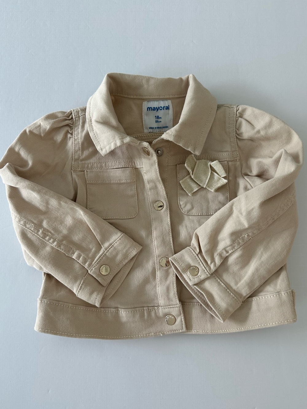 Mayoral Toddler Girls Beige Cotton Twill Jacket Size 18 Months With Now Appliqué